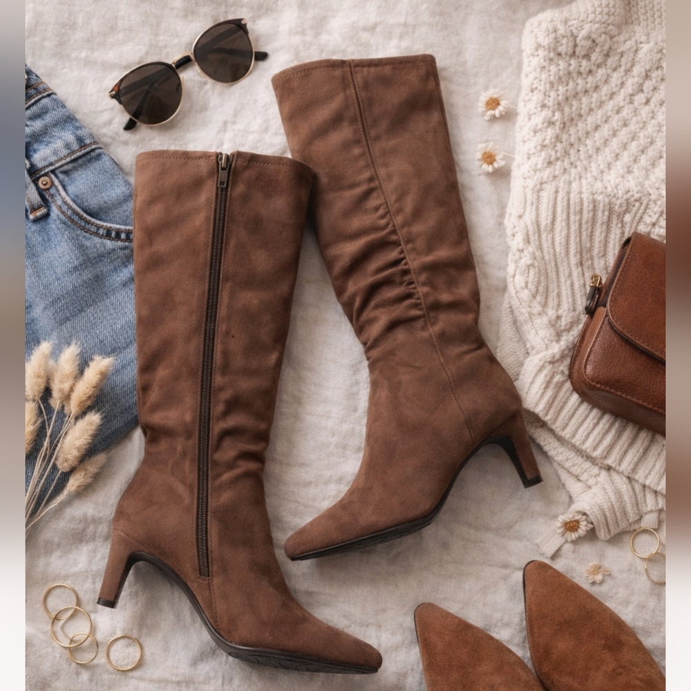 EAST‎ 5TH MID-CALF HEELED FAUX SEUDE BOOTS NWT